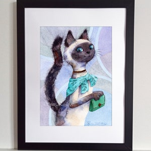 Art Deco Painting Original, Cat Watercolor Artwork Original, Female Artwork