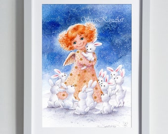 Christmas Angel Artwork, Guardian Angel Art, Winter Angel with Rabbit Original Watercolor