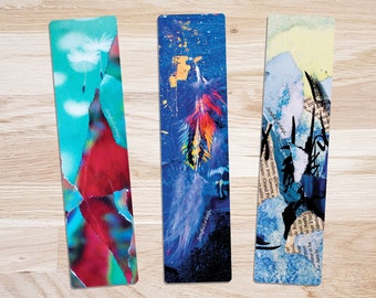 3 artsy digital bookmarks, printable download, digital image. Original art. Dandelion, feathers, blue mountain abstract collage