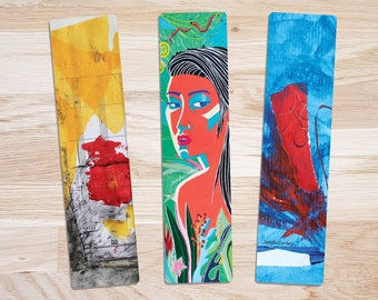 3 artsy digital bookmarks, printable download, digital image. Original art. Jungle queen, music, red and blue abstract collage