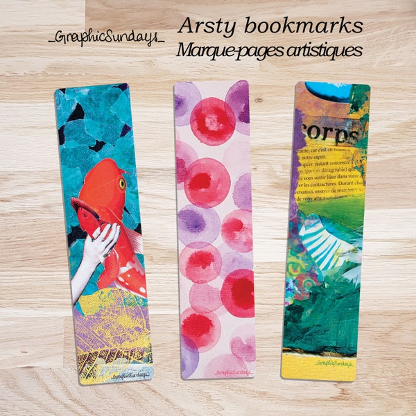 3 artsy digital bookmarks, printable download, digital image. Original art. Koi carps, red bubbles, green abstract collage