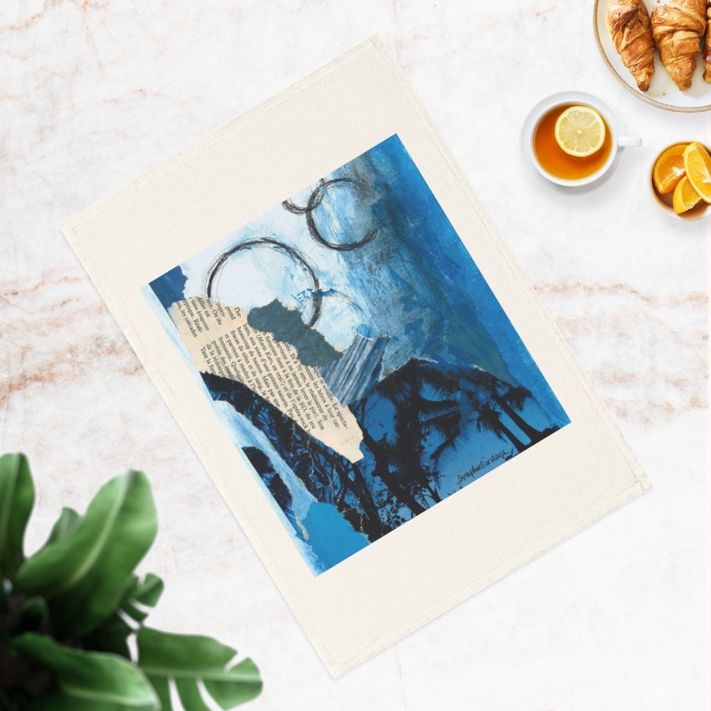 Torchon Essuie Main 100% Coton Bio Impression d'art Originale Collage Abstrait Palmiers Noirs