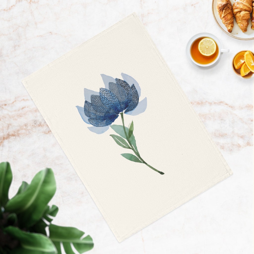 Torchon Essuie Main en Coton Bio Impression d'art Originale Aquarelle Fleur Bleue