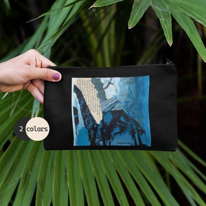 100% recycled Zipper Pouch Makeup Bag Zip Purse Black palm trees abstract collage art print