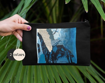 100% recycled Zipper Pouch Makeup Bag Zip Purse Black palm trees abstract collage art print