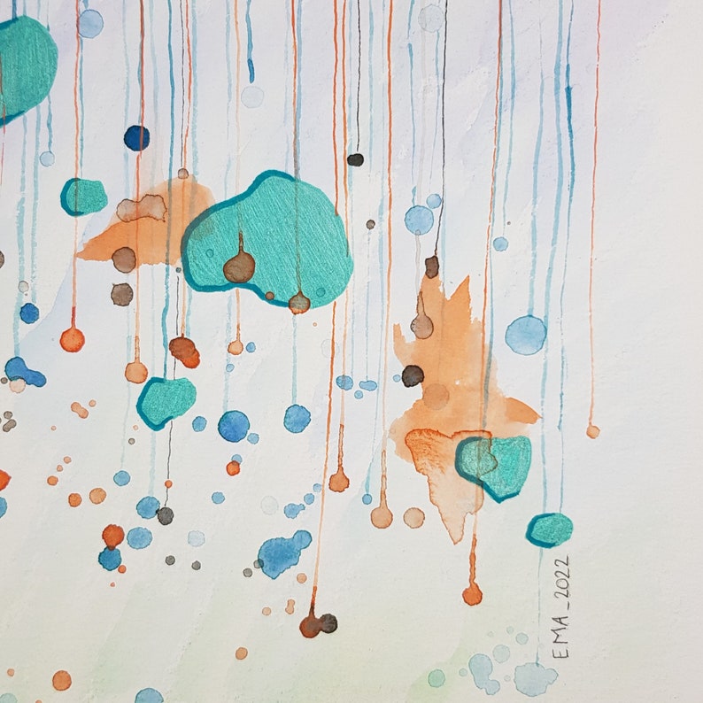 My handmade unique abstract mixed media work called Rain. Blue, metallized green and orange shades like rain drops. Details 3.