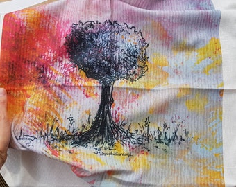 Organic cotton kitchen tea towel with original Burning tree watercolor art print