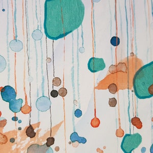 My handmade unique abstract mixed media work called Rain. Blue, metallized green and orange shades like rain drops. Details 2.