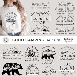 Boho Camping Svg Png-bundel, Camping Svg, Camp Life Svg, Camping Sign Svg, Summer Svg, Adventure Svg, kampvuur Svg, sublimatie