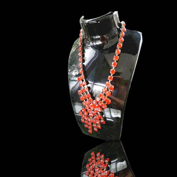 Red Glass Crystal Statement Necklace, Ruby Red Rh… - image 2