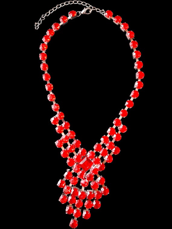 Red Glass Crystal Statement Necklace, Ruby Red Rh… - image 3