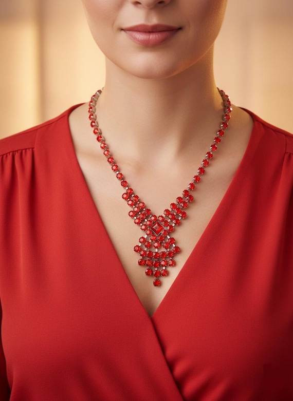 Red Glass Crystal Statement Necklace, Ruby Red Rh… - image 1