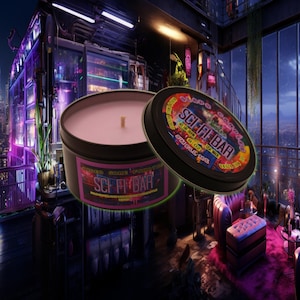 May include: A pink scented candle in a black tin with the text "Video Game Fanatic Sci-Fi Bar" and "Smell Me" on the label. The candle is sitting on a table in a futuristic room with a city view.