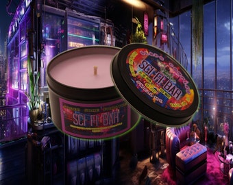 Sci Fi Bar-video game candle| Updated New Tin Container | Non toxic and Soy | 8 oz fandom | shimmering candle