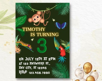 May include: A green jungle-themed birthday invitation with a monkey, butterfly, caterpillar, and parrot. The invitation says "Timothy is turning 3" and includes the date, time, and RSVP information.