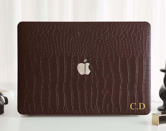 Coffee Crocodile Print Personalized Leather MacBook Hard Cover For MacBook Pro 13 14 16 15 Air 13 12 inch All New MacBook M2 M3 Laptop Case