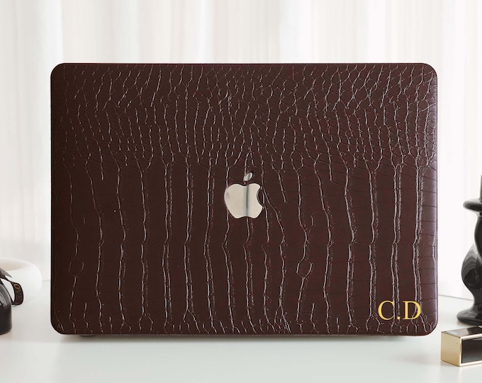 Coffee Crocodile Print Personalized Leather MacBook Hard Cover For MacBook Pro 13 14 16 15 Air 13 12 inch All New MacBook M2 M3 Laptop Case