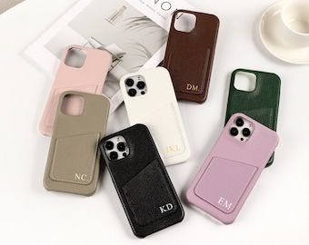 Personalized Pebble Leather iPhone Case, Custom Initial With Card Holder iPhone Case For 14 Pro/13/12/11/XS Max/8/7/X/XS, Leather Gift