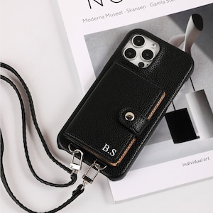 Personalized Crossbody Phone case, iPhone case with Card Slot and long strap, Personalized Leather Case for iPhone 14Pro, iPhone 14 13 11 12 image 2