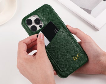 Customised Pebbled Leather Phone Case Personalised Leather Case With Card Holder Slot Custom Name iPhone for 14 13 12 11 Pro Max, X XS XSMax