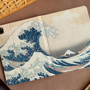 Japanese Kanagawa Surfing iPad Air 4 10.9 Case with Apple Pencil Holder Soft TPU Back, Case for iPad Pro 11 12.9 2020/21 Mini 6 9/8/7th Gen