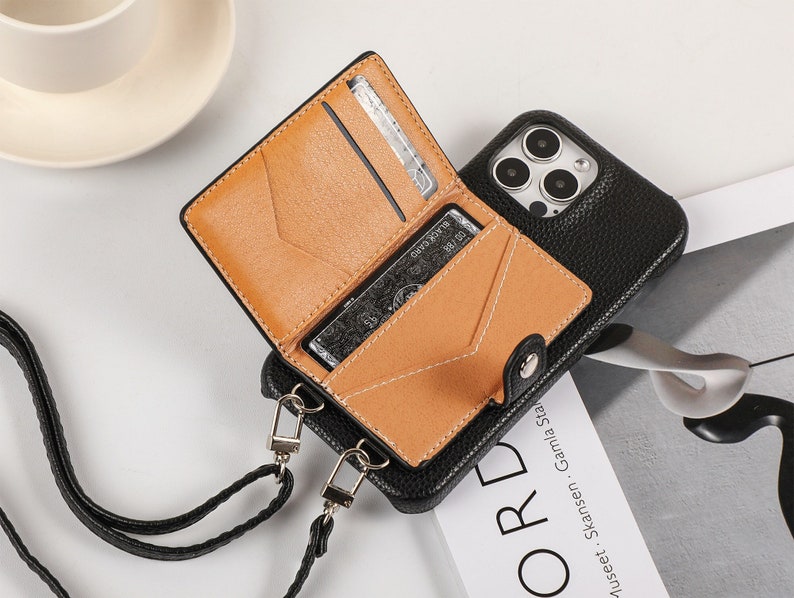 Personalized Crossbody Phone case, iPhone case with Card Slot and long strap, Personalized Leather Case for iPhone 14Pro, iPhone 14 13 11 12 image 3