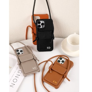 Custom Leather Crossbody iPhone Case, Leather Bag Wallet Case for iPhone 14 Pro, iPhone 14 13 12 11, Card Holder Slot and Lanyard Strap