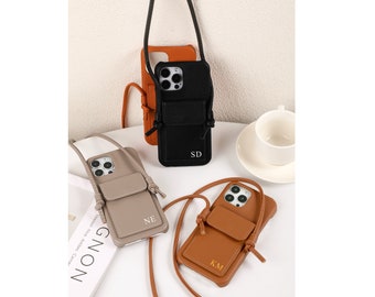 Custom Leather Crossbody iPhone Case, Leather Bag Wallet Case for iPhone 14 Pro, iPhone 14 13 12 11, Card Holder Slot and Lanyard Strap