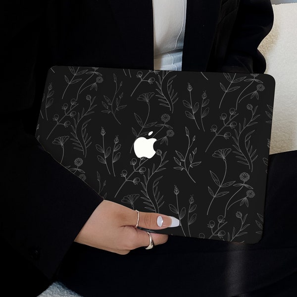 Coque noire élégante à fleurs pour nouveau MacBook Pro 14 Pro A2442 Pro 16 pouces 2022 M2 Air 13 A2681 M2 Pro 13 A2338 et étui pour ordinateur portable unique