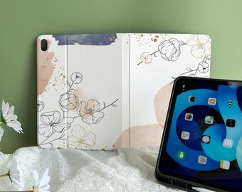 Watercolour Flowers iPad Air 4 10.9 Case with Apple Pencil Holder Soft TPU Back, Case for iPad Pro 11 12.9 2020/21 Mini 6 9/8/7th Gen 10.2