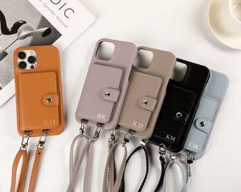 Gepersonaliseerde Crossbody telefoonhoes, iPhone-hoesje met kaartsleuf en lange riem, gepersonaliseerde lederen tas voor iPhone 14Pro, iPhone 14 13 11 12