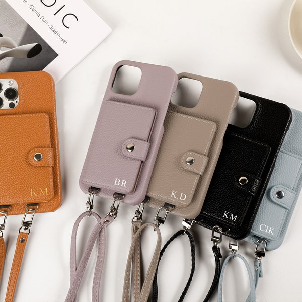 Personalized Crossbody Phone case, iPhone case with Card Slot and long strap, Personalized Leather Case for iPhone 14Pro, iPhone 14 13 11 12