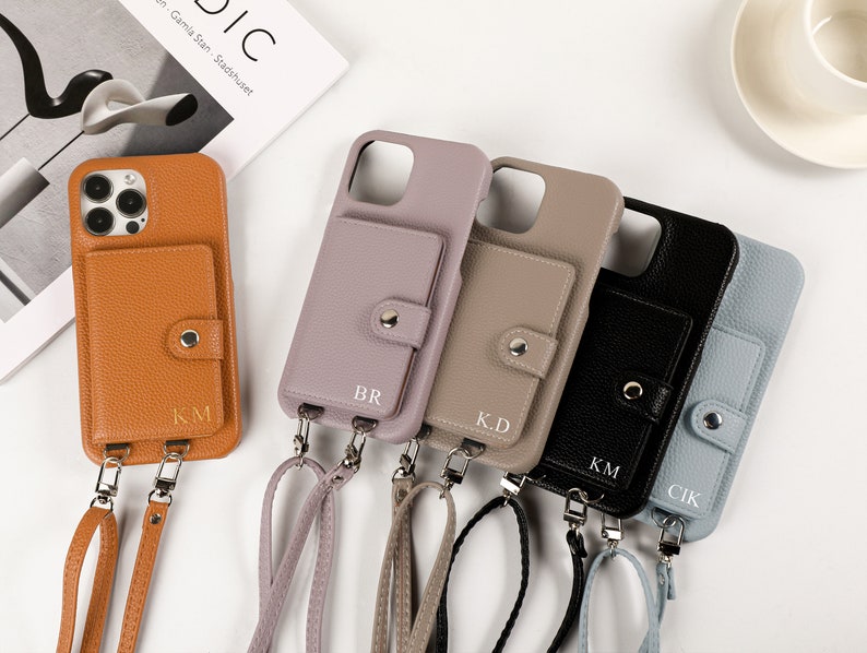 Personalized Crossbody Phone case, iPhone case with Card Slot and long strap, Personalized Leather Case for iPhone 14Pro, iPhone 14 13 11 12 image 1
