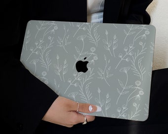 Étui à fleurs élégant bleu gris pour nouveau MacBook Pro 14 Pro A2442 Pro 16 pouces 2022 M2 Air 13 A2681 M2 Pro 13 A2338 et étui unique pour ordinateur portable