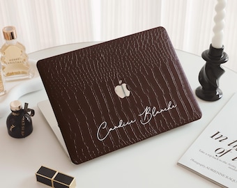 Coffee Crocodile Print Personalized Leather MacBook Hard Cover For MacBook Pro 13 14 16 15 Air 13 12 inch All New MacBook M2 M3 Laptop Case