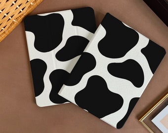 Black Cow Print iPad Air 4 10.9 Case with Apple Pencil Holder Soft TPU Back, Case for iPad Pro 11 12.9 2020/21/22, Mini 6 9/8/7th Gen