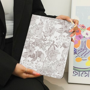 Peut inclure: Une pochette pour ordinateur portable blanche avec un motif floral en nuances de gris. La pochette est faite d'un matériau doux et durable et est parfaite pour protéger votre ordinateur portable des rayures et des chocs.