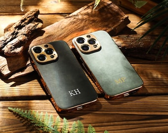 Initialen in reliëf op leren iPhone-hoesje, gepersonaliseerd veganistisch leren telefoonhoesje, voor iPhone 16 15 14 13 12 11 Pro Max Plus, X/XS XSMax, cadeau