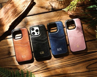 Embossed Initials iPhone Case, Personalised Vegan Leather Phone Case With Card Holder, For iPhone 16 15 14 13 12 11 Pro Max Plus, X/XS XSMax