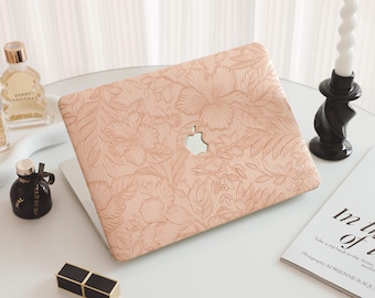 Salmon Pink Floral Personalized Leather MacBook Hard Case Cover For MacBook Pro 13 14 16 15 Air 13 12 inch All New MacBook M2 M3 Laptop Case