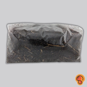 May include: A clear plastic bag filled with dark brown soil. The soil appears to contain small pieces of straw and other organic matter. The bag is sealed and sits against a light gray background.