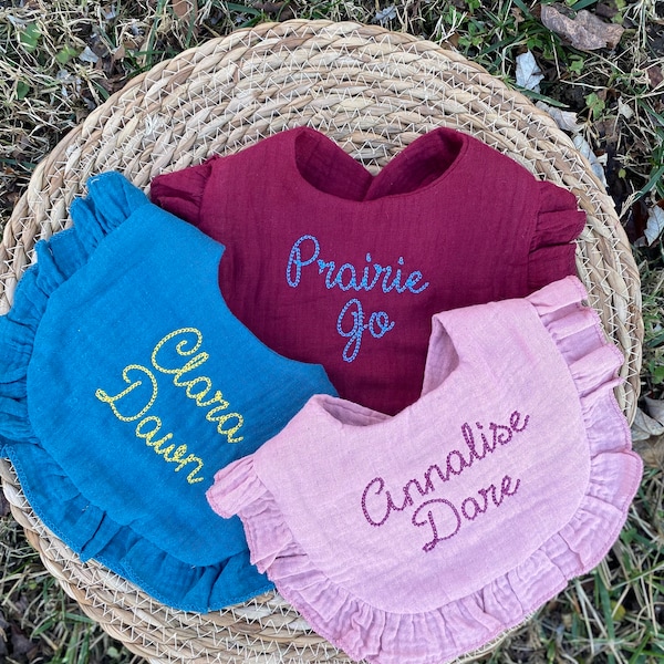 Personalized custom Embroidered name baby muslin ruffled bibs , birthday , baby gift, hospital gift