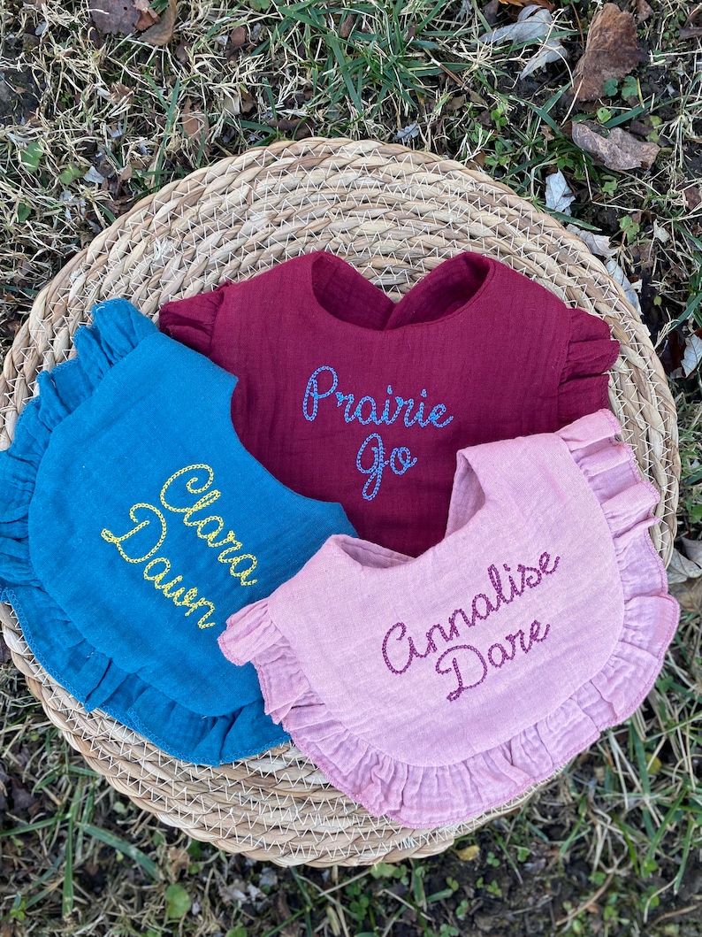 Personalized custom Embroidered name baby muslin ruffled bibs , birthday , baby gift, hospital gift image 1