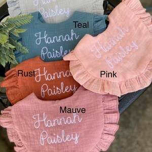 Personalized custom Embroidered name baby muslin ruffled bibs , birthday , baby gift, hospital gift image 3