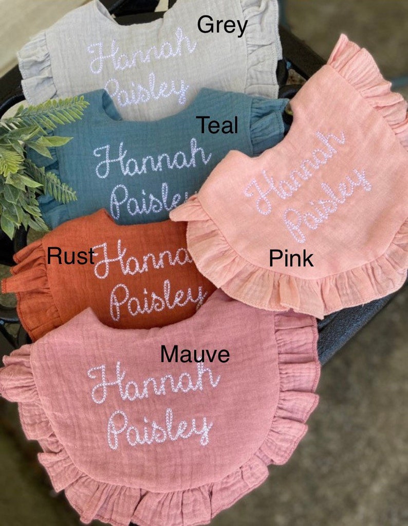 Personalized custom Embroidered name baby muslin ruffled bibs , birthday , baby gift, hospital gift image 3