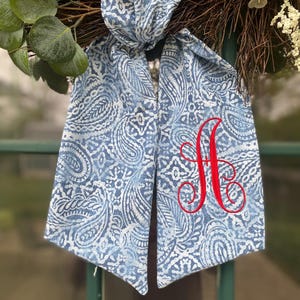 Wreath Door Sash  -  Embroidered Initial-  Wedding Gift / front door sash bow/ Christmas / Summer Decorations