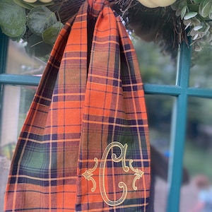 Wreath Sash Initial - Plaid Fall Door Decoration - Halloween Decor- Client Gift- Birthday Gift- Front Porch Sash