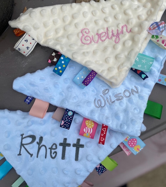 Personalized Minky Baby Sensory Toy, Ribbon Security Blanket - Shower Gift, Name Blanket Football