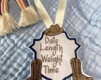 Birth Announcement Hanger -Hospital Basket Newborn Baby Tags Labels-Birth Stats - Nursery Decorations Western Cowboy