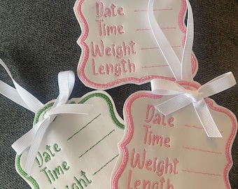 Birth Announcement Hanger -Hospital Basket Newborn Baby Tags Labels-Birth Stats - Nursery Decorations